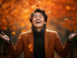 photo of emotional dynamic pose Asian man in autumn AI Generative