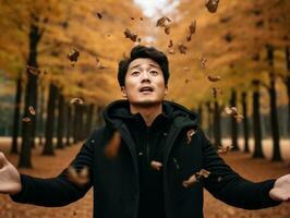 photo of emotional dynamic pose Asian man in autumn AI Generative