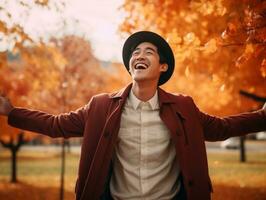 foto de emocional dinámica actitud asiático hombre en otoño ai generativo