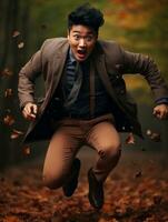 photo of emotional dynamic pose Asian man in autumn AI Generative