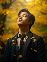 photo of emotional dynamic pose Asian man in autumn AI Generative