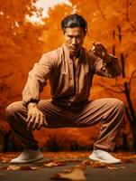 photo of emotional dynamic pose Asian man in autumn AI Generative