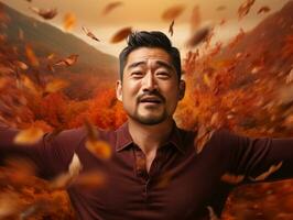 photo of emotional dynamic pose Asian man in autumn AI Generative