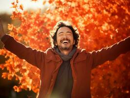 photo of emotional dynamic pose Asian man in autumn AI Generative