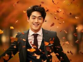 photo of emotional dynamic pose Asian man in autumn AI Generative
