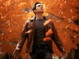 photo of emotional dynamic pose Asian man in autumn AI Generative