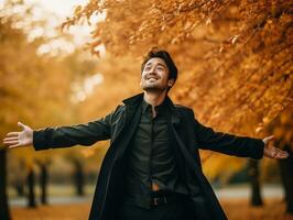 photo of emotional dynamic pose Asian man in autumn AI Generative