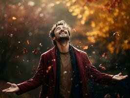 photo of emotional dynamic pose Asian man in autumn AI Generative