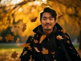 photo of emotional dynamic pose Asian man in autumn AI Generative