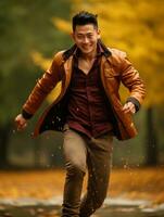 photo of emotional dynamic pose Asian man in autumn AI Generative