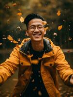 photo of emotional dynamic pose Asian man in autumn AI Generative