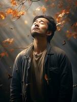 photo of emotional dynamic pose Asian man in autumn AI Generative