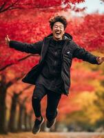 foto de emocional dinámica actitud asiático hombre en otoño ai generativo