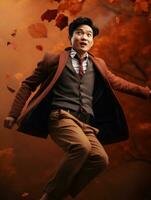 photo of emotional dynamic pose Asian man in autumn AI Generative