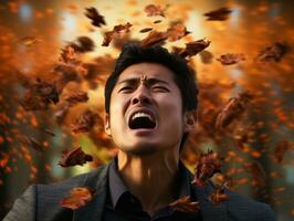 photo of emotional dynamic pose Asian man in autumn AI Generative