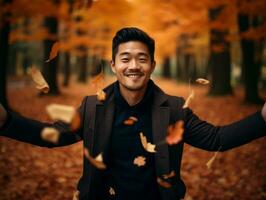 photo of emotional dynamic pose Asian man in autumn AI Generative