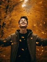 photo of emotional dynamic pose Asian man in autumn AI Generative