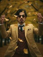 photo of emotional dynamic pose Asian man in autumn AI Generative