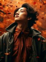 photo of emotional dynamic pose Asian man in autumn AI Generative