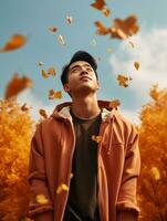 photo of emotional dynamic pose Asian man in autumn AI Generative