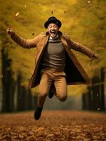 photo of emotional dynamic pose Asian man in autumn AI Generative