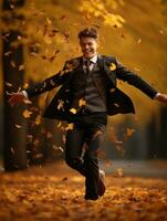 photo of emotional dynamic pose Asian man in autumn AI Generative