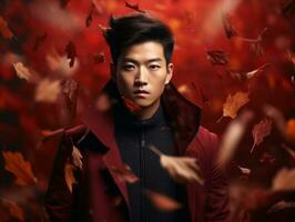 photo of emotional dynamic pose Asian man in autumn AI Generative