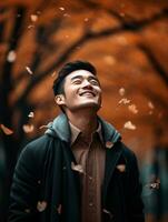 foto de emocional dinámica actitud asiático hombre en otoño ai generativo