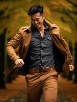 photo of emotional dynamic pose Asian man in autumn AI Generative