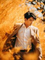 photo of emotional dynamic pose Asian man in autumn AI Generative