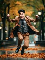 photo of emotional dynamic pose Asian man in autumn AI Generative