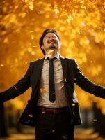 photo of emotional dynamic pose Asian man in autumn AI Generative