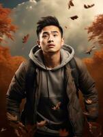 photo of emotional dynamic pose Asian man in autumn AI Generative