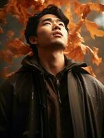 photo of emotional dynamic pose Asian man in autumn AI Generative