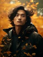 photo of emotional dynamic pose Asian man in autumn AI Generative