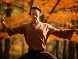 photo of emotional dynamic pose Asian man in autumn AI Generative