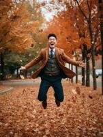 photo of emotional dynamic pose Asian man in autumn AI Generative