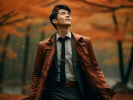 photo of emotional dynamic pose Asian man in autumn AI Generative