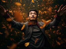 photo of emotional dynamic pose Asian man in autumn AI Generative