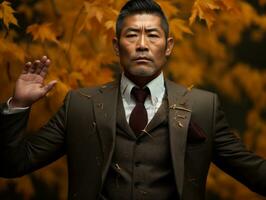 photo of emotional dynamic pose Asian man in autumn AI Generative