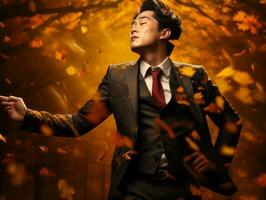 photo of emotional dynamic pose Asian man in autumn AI Generative