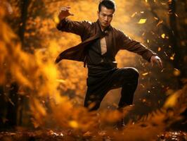 photo of emotional dynamic pose Asian man in autumn AI Generative