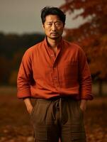 photo of emotional dynamic pose Asian man in autumn AI Generative