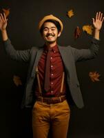 photo of emotional dynamic pose Asian man in autumn AI Generative