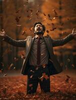 photo of emotional dynamic pose Asian man in autumn AI Generative