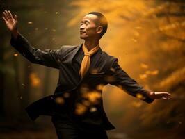 photo of emotional dynamic pose Asian man in autumn AI Generative