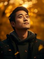 photo of emotional dynamic pose Asian man in autumn AI Generative