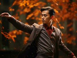 photo of emotional dynamic pose Asian man in autumn AI Generative