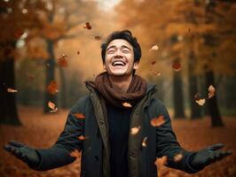 photo of emotional dynamic pose Asian man in autumn AI Generative