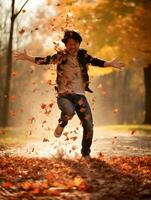 photo of emotional dynamic pose Asian man in autumn AI Generative